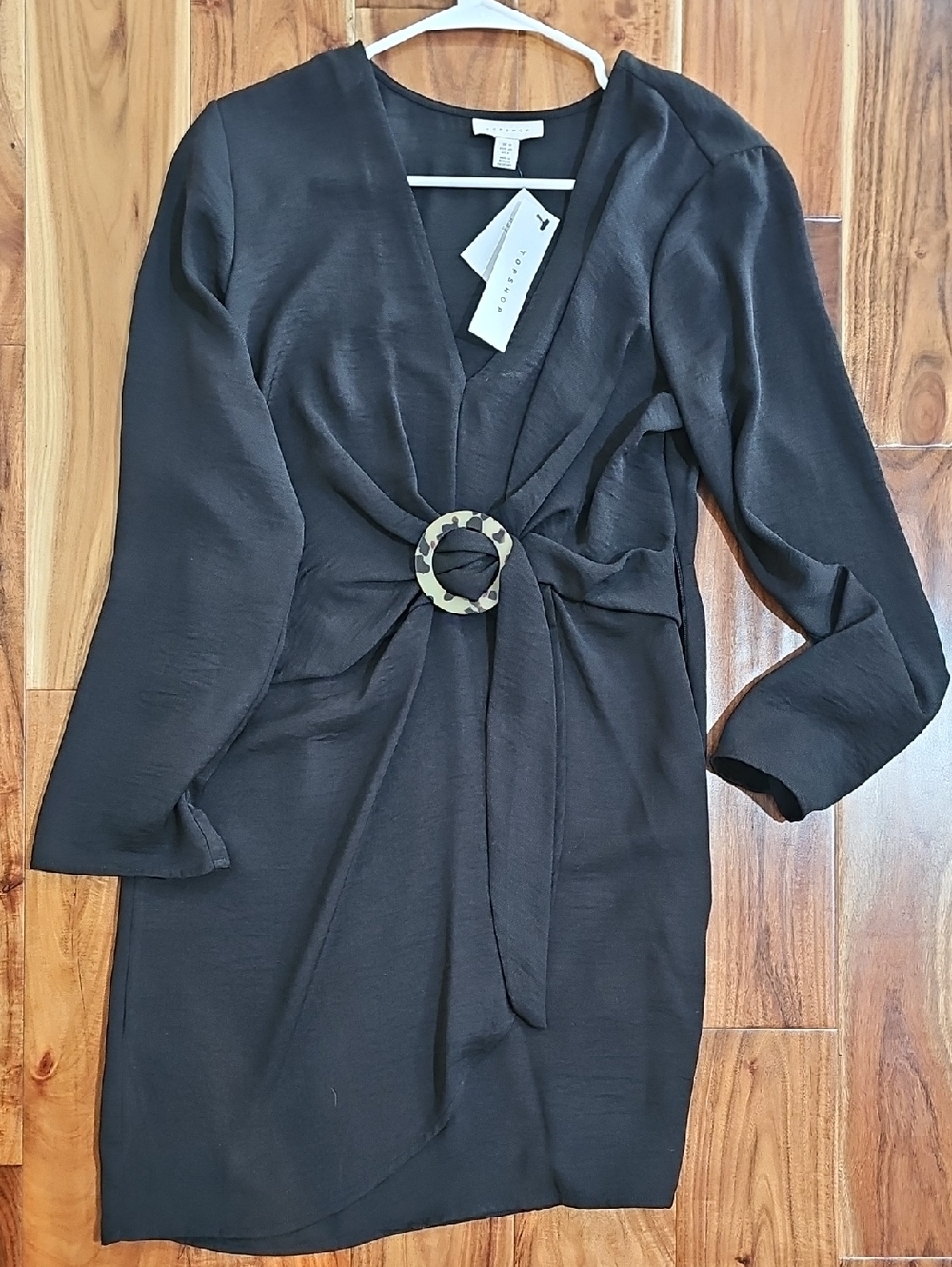 Topshop Black Long Sleeve Wrap Dress with Tortoiseshell Ring